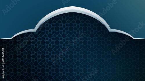 Islamic background template in dark blue design with big mosque arch shape and islamic pattern