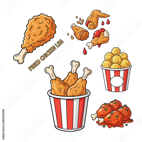 “Cartoon Fried Chicken Vector Set – Crispy Drumstick, Chicken Nuggets, Popcorn Chicken Bucket Illustration”

