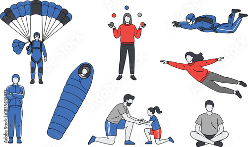 Active Lifestyle and Outdoor Recreation Collection: Skydivers, Juggling, Camping, Skydiving, Meditation, and Father-Daughter Bonding Representing Sport, Hobby, and Adventure Activities