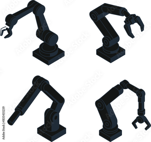 Minimalist line art illustration set of industrial robotic arms with different tool heads for automation, manufacturing, assembly, and engineering technology