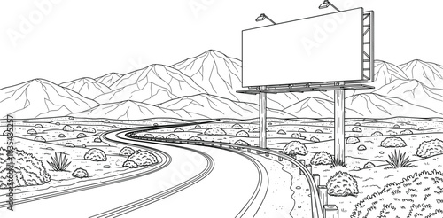 Winding desert highway and large blank billboard, empty road with rocky mountains background, advertising space, arid landscape, transportation, travel, black and white line art vector drawing.