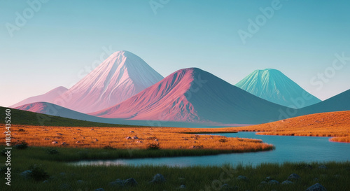 Dreamy pastel mountain landscape with soft light reflecting on the water, perfect for nature lovers and inspirational backgrounds, a scenic escape