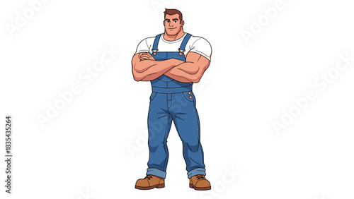 Confident muscular farmer or construction worker stands strong with arms crossed in classic denim overalls