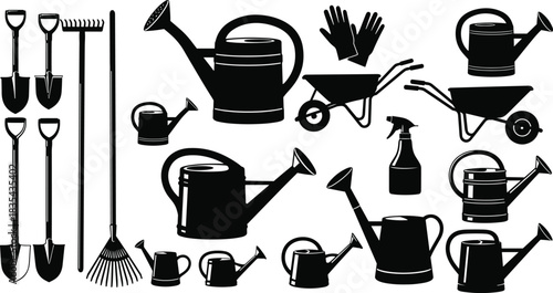 PriGardening tools silhouette vector illustration collection, shovel, rake, trowel, watering can, gloves, wheelbarrow, and spray bottle for agriculture 