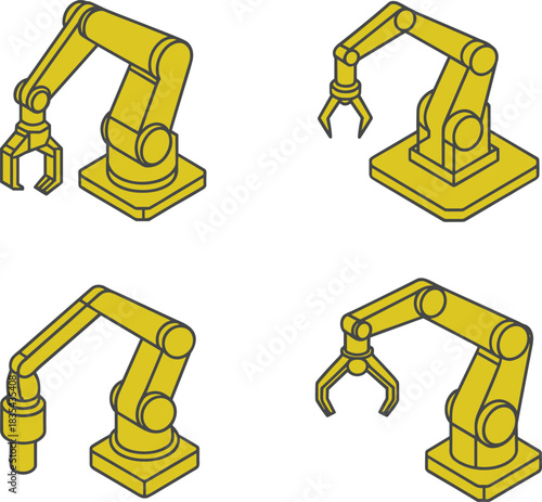 Minimalist line art illustration set of industrial robotic arms with different tool heads for automation, manufacturing, assembly, and engineering technology