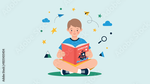 Boy engrossed in reading a captivating book, surrounded by imaginative elements.