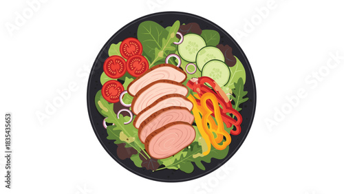 Delicious sliced grilled chicken salad with fresh vegetables served on a dark plate for healthy eating promotion