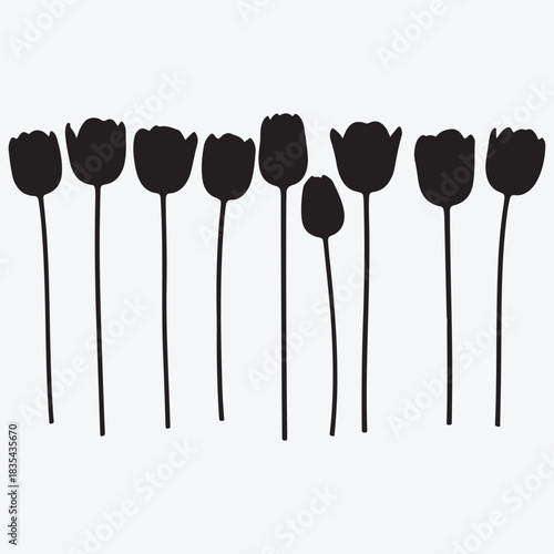 Elegant black tulip silhouettes, minimalist floral graphic design