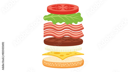 Delicious layered bacon cheeseburger ingredients floating perfectly assembled for fast food menu design inspiration