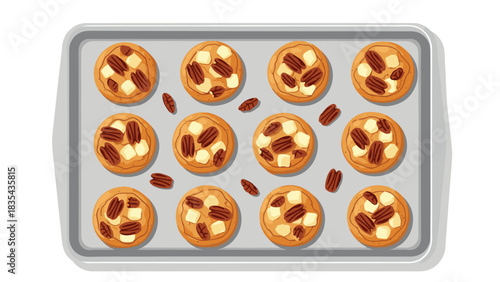 Delicious freshly baked pecan and white chocolate cookies cooling on a metal baking sheet overhead view