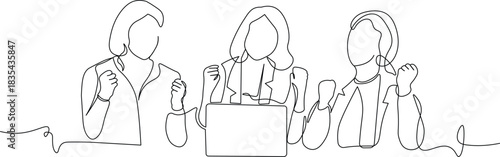 Continuous Line Illustration of Three People Celebrating Success in Front of a Laptop. Modern Minimalist Style