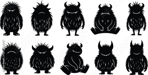 Set of cute furry black silhouette monsters cartoon characters vector illustration, isolated on white background, different shapes and poses, perfect for kids, Halloween, or gaming.
