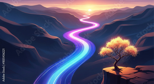 Stunning sunrise over mountain range with vibrant winding road, perfect for travel ads, creating a sense of adventure and natural beauty