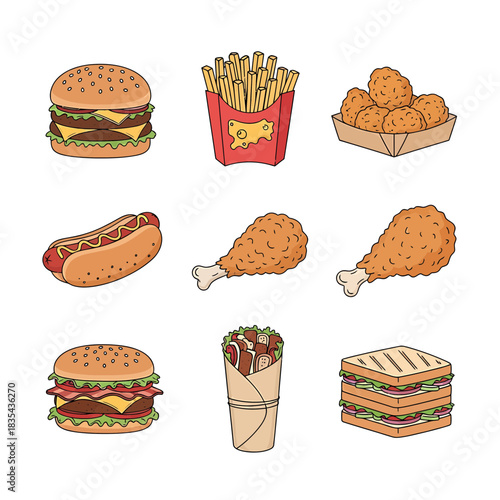 Vector Illustrated Street Meal Bundle – Double Burger, Chicken Drumstick, Hot Dog, Fries, Nuggets and Wrap Sandwich

