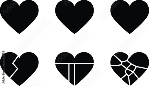 Set of six solid black vector icons depicting the classic heart symbol in various forms, including whole, fractured, shattered, and geometrically divided shapes for love
