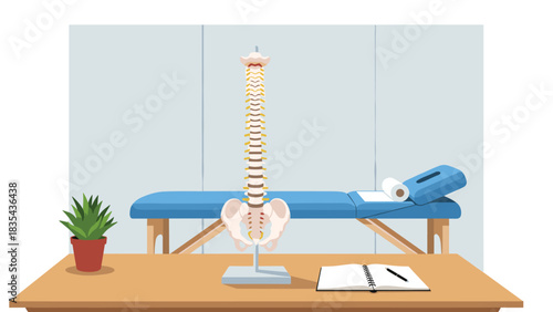Professional chiropractic office setting featuring a detailed spine model ready for patient consultation and treatment planning