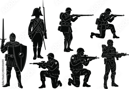 Black and white illustration of soldier evolution from medieval knight to futuristic warrior, highlighting historical changes in militarycombat posture across war eras and tactical advancements