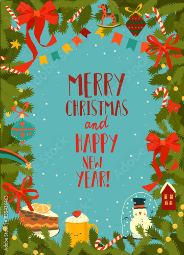 Festive Christmas Card with Fir Branches and Red Bows. Vector Greeting Card