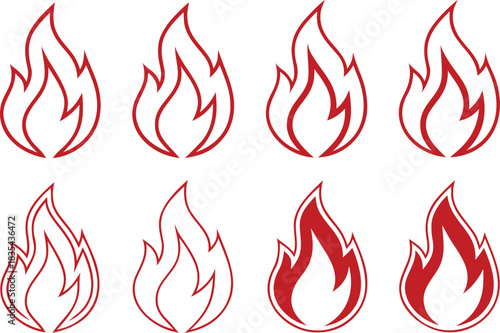 Set of eight stylized red flame icons on white background