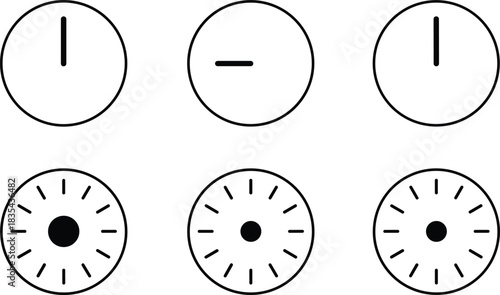 Set of simple vector icons featuring six analog clock faces in outline and solid styles, focused on representing elapsed time, a single minute, or a specific time segment measurement.