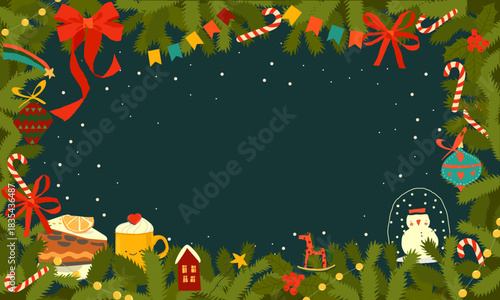 Festive Christmas Card with Fir Branches and Red Bows. Vector Greeting Card