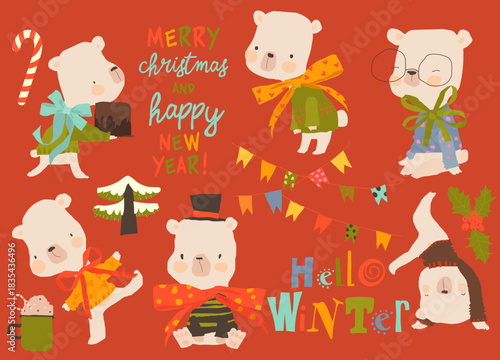 Cute Polar Bears Cute Cartoon Bears with Christmas Elements. Vector Illustration