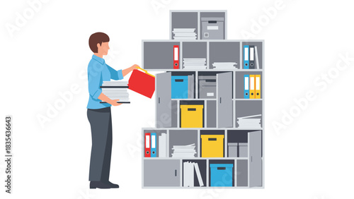 Dedicated employee organizing massive stacks of physical documents into a cluttered office filing cabinet system