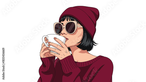 Stylish young woman with cool sunglasses and beanie enjoying a warm beverage in cozy sweater weather