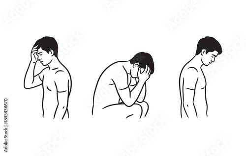 Man experiencing headache stress and depression simple line art illustration for mental health awareness isolated on white background