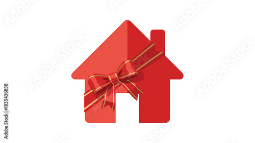 Stunning red house icon wrapped like a festive gift with elegant gold ribbon bow