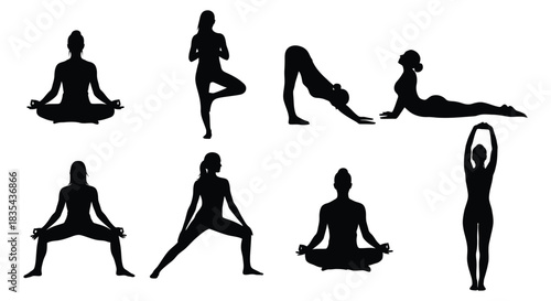 Yoga poses presented as silhouettes against a white background showing various positions and forms
