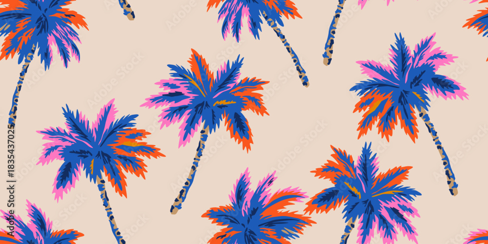 Fototapeta premium Tropical seamless pattern with hand drawn palm trees. Hawaiian florals summer background for fabric, textiles, clothing, poster, cover, decoration, banner, wallpaper, interior. Vector illustration.