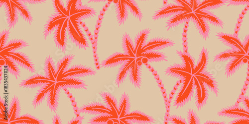 Tropical seamless pattern with hand drawn palm trees. Hawaiian florals summer background for fabric, textiles, clothing, poster, cover, decoration, banner, wallpaper, interior. Vector illustration.