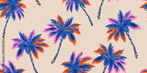 Tropical seamless pattern with hand drawn palm trees. Hawaiian florals summer background for fabric, textiles, clothing, poster, cover, decoration, banner, wallpaper, interior. Vector illustration.
