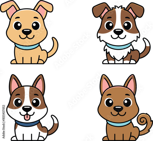 Set of Four Cute Cartoon Dog Illustrations: Sitting Puppies with Various Fur Colors, Ideal for Pet Shop and Animal Graphics.