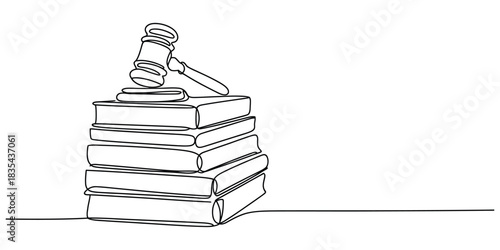Continuous line drawing of gavel on books