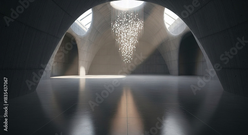 Interior view of arched concrete structure with hanging light fixture