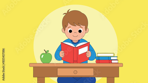 Boy Reading a Book at His Desk with Apple and Books.