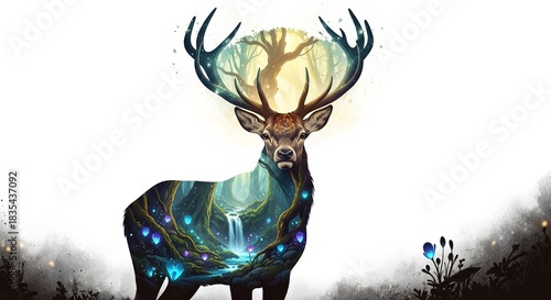Deer with forest landscape inside its body and tree in its antlers