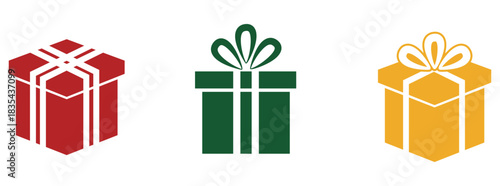 Set of three minimalist geometric gift box icons in festive red, green, and gold colors.