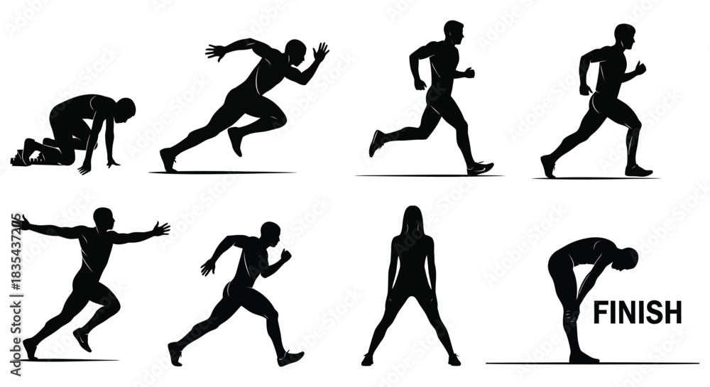 Obraz premium Silhouettes showing the stages of a runner from start to finish in a black and white illustration