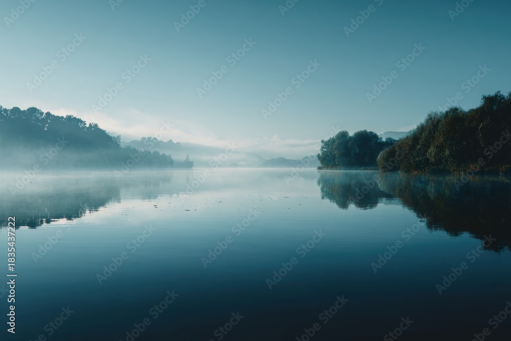 Fototapeta premium Morning tranquility at a calm lake with perfect reflections and soft mist offering a cinematic view of nature's beauty in early light