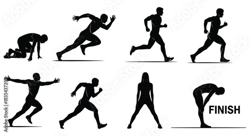 Silhouettes showing the stages of a runner from start to finish in a black and white illustration