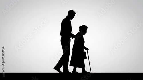 Silhouette of a man assisting an elderly woman with a cane, showcasing a gentle moment of support and care as they walk together, camera follows the action smoothly