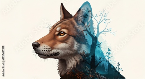 Illustration of a wolf head with a forest silhouette overlay design