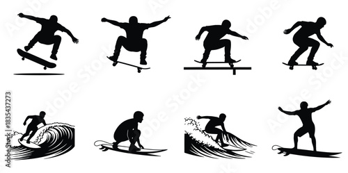 Silhouettes of skateboarders and surfers performing tricks on boards against a white background art design