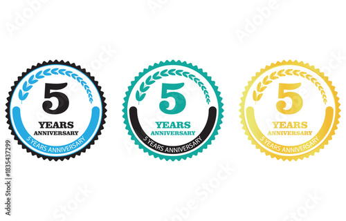 Print 5th anniversary, celebration, five years, anniversary vector, golden anniversary, success milestone, isolated emblem, round stamp, corporate event, vintage style, yearly mark, award crest