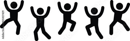 jumping, people, silhouettes, figures, icons, celebration, joy, success, energy, movement, active, dynamic, group, unity, happiness, abstract, simple, graphic, design, isolated, white background, arms