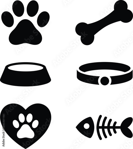 Pet Care Silhouette Icon Vector Set, Dog Paw, Bone, Bowl, Collar, Heart and Fish Symbols