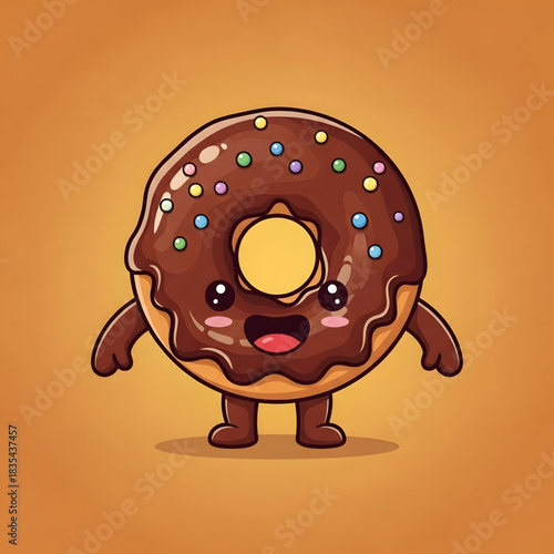 A cheerful, cartoon donut with chocolate frosting and colorful sprinkles, standing on two legs with outstretched arms and a wide smile